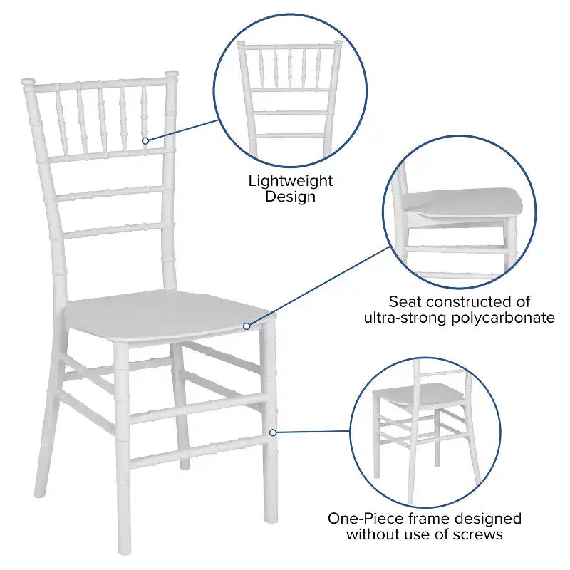Sedia Chiavari impilabile in resina Nera / Champagne / Oro / Mogano / Oro rosa / Argento / Bianca – 1 posto