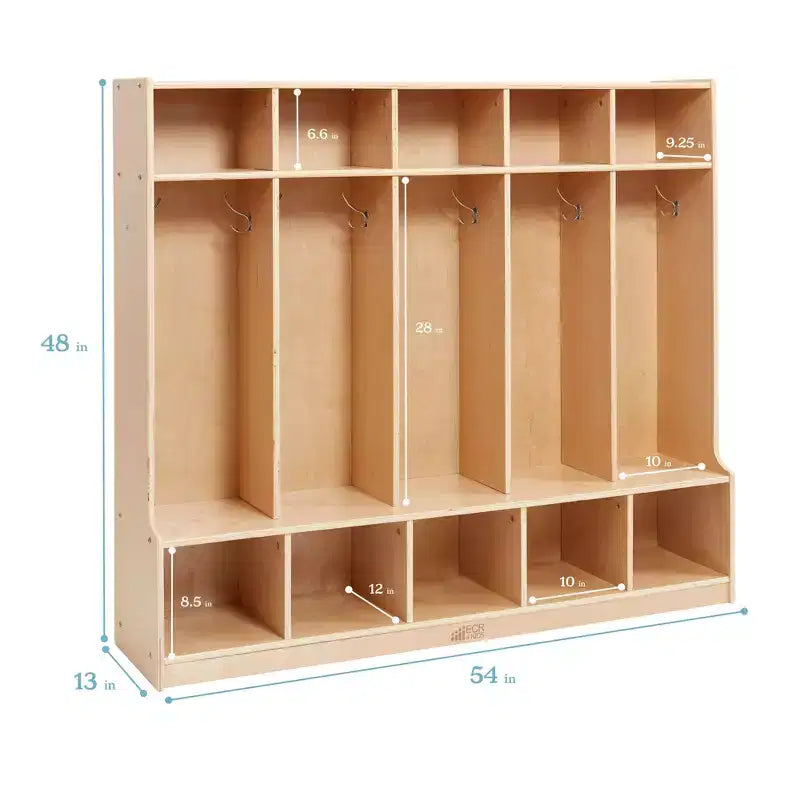Armadietto appendiabiti a 5 sezioni con panca e contenitori a secchiello, colori assortiti/blu/trasparente/contemporaneo/toni della terra, per 5 bambini