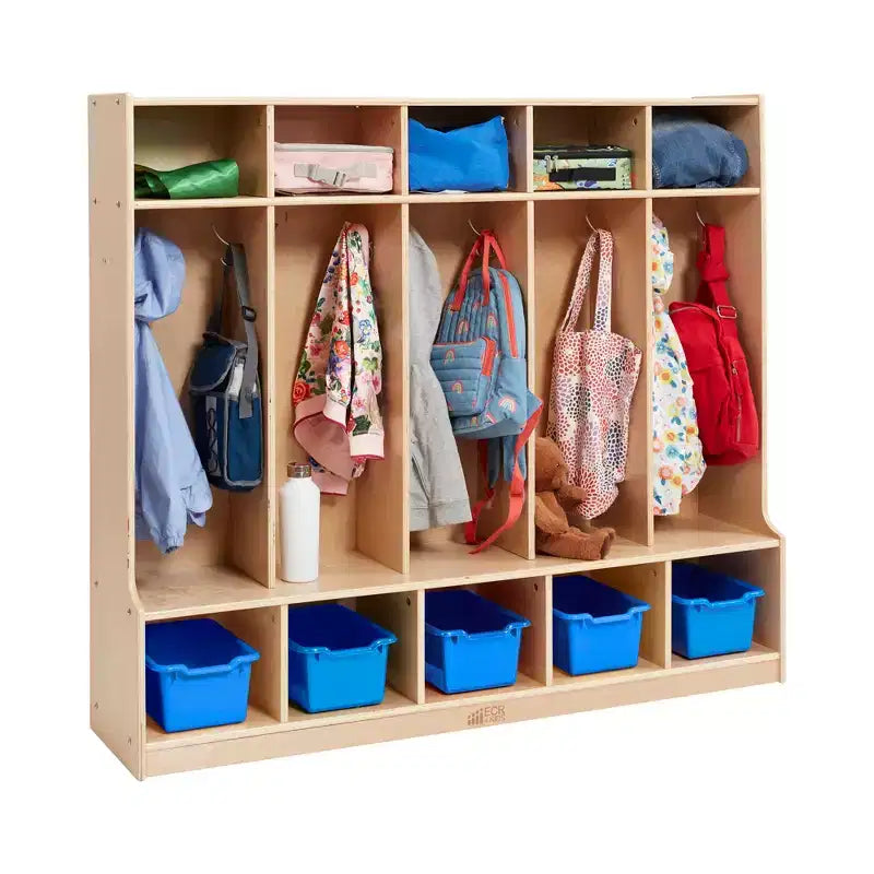 Armadietto appendiabiti a 5 sezioni con panca e contenitori a secchiello, colori assortiti/blu/trasparente/contemporaneo/toni della terra, per 5 bambini