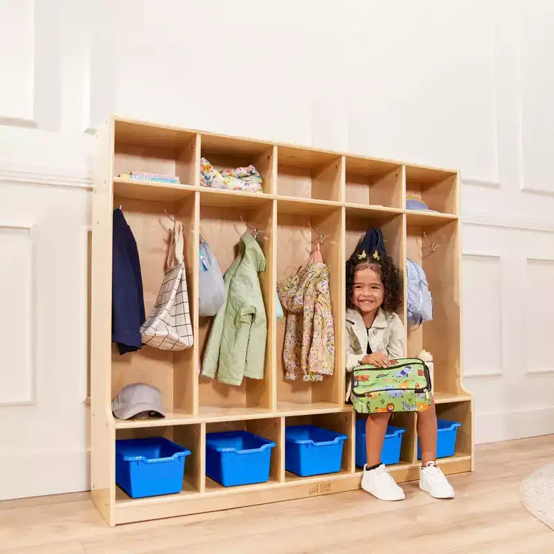 Armadietto appendiabiti a 5 sezioni con panca e contenitori a secchiello, colori assortiti/blu/trasparente/contemporaneo/toni della terra, per 5 bambini