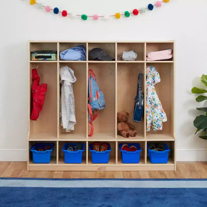 Armadietto appendiabiti a 5 sezioni con panca e contenitori a secchiello, colori assortiti/blu/trasparente/contemporaneo/toni della terra, per 5 bambini
