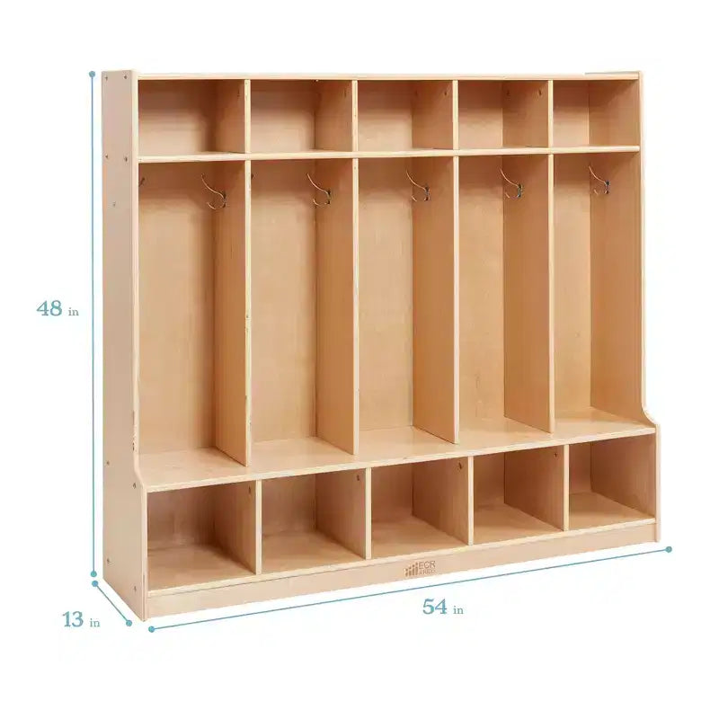 Armadietto appendiabiti a 5 sezioni con panca e contenitori a secchiello, colori assortiti/blu/trasparente/contemporaneo/toni della terra, per 5 bambini
