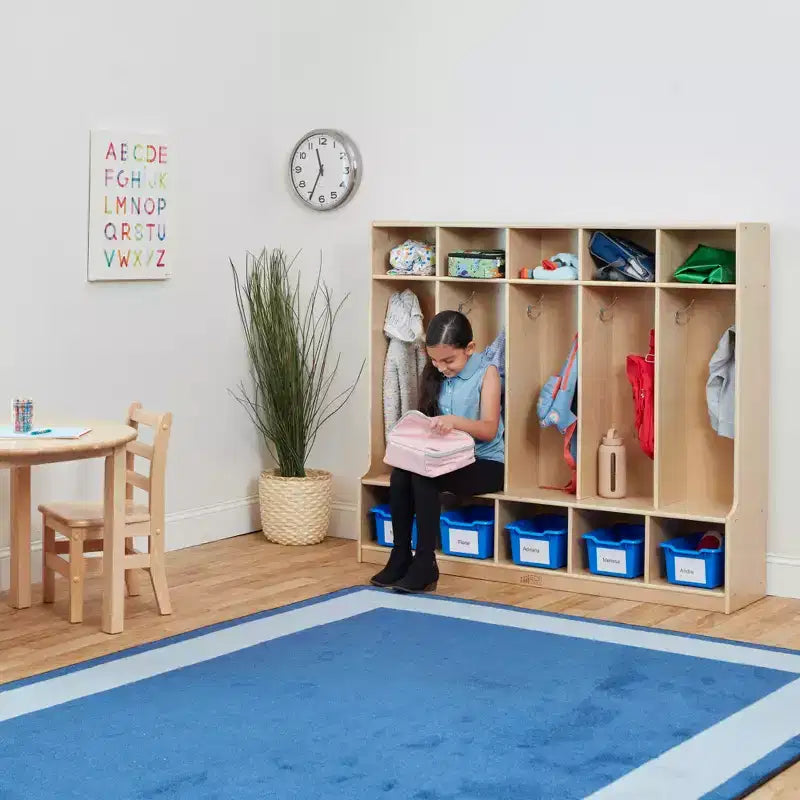 Armadietto appendiabiti a 5 sezioni con panca e contenitori a secchiello, colori assortiti/blu/trasparente/contemporaneo/toni della terra, per 5 bambini