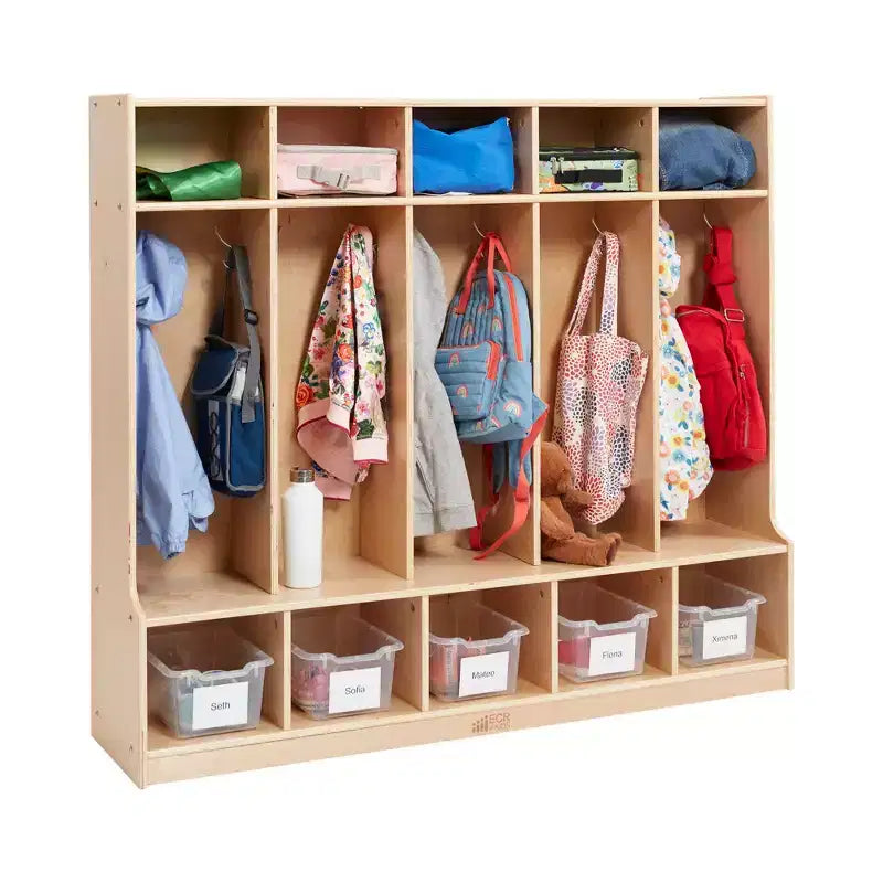 Armadietto appendiabiti a 5 sezioni con panca e contenitori a secchiello, colori assortiti/blu/trasparente/contemporaneo/toni della terra, per 5 bambini