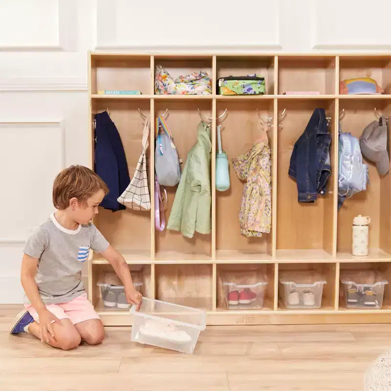 Armadietto appendiabiti a 5 sezioni con panca e contenitori a secchiello, colori assortiti/blu/trasparente/contemporaneo/toni della terra, per 5 bambini