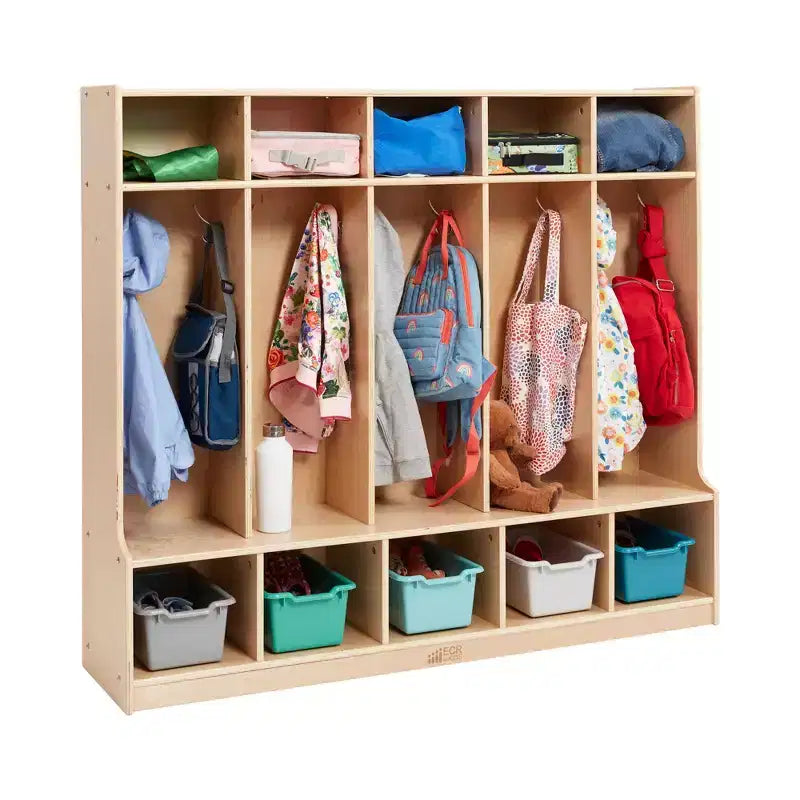 Armadietto appendiabiti a 5 sezioni con panca e contenitori a secchiello, colori assortiti/blu/trasparente/contemporaneo/toni della terra, per 5 bambini