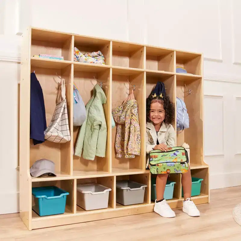 Armadietto appendiabiti a 5 sezioni con panca e contenitori a secchiello, colori assortiti/blu/trasparente/contemporaneo/toni della terra, per 5 bambini