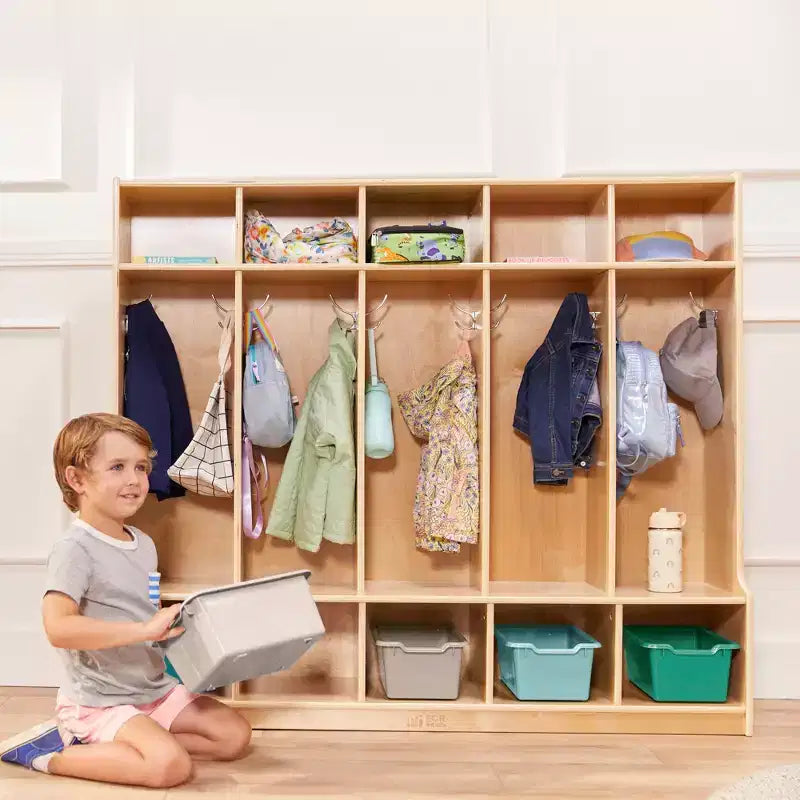Armadietto appendiabiti a 5 sezioni con panca e contenitori a secchiello, colori assortiti/blu/trasparente/contemporaneo/toni della terra, per 5 bambini