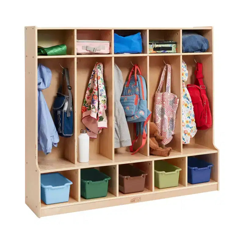 Armadietto appendiabiti a 5 sezioni con panca e contenitori a secchiello, colori assortiti/blu/trasparente/contemporaneo/toni della terra, per 5 bambini