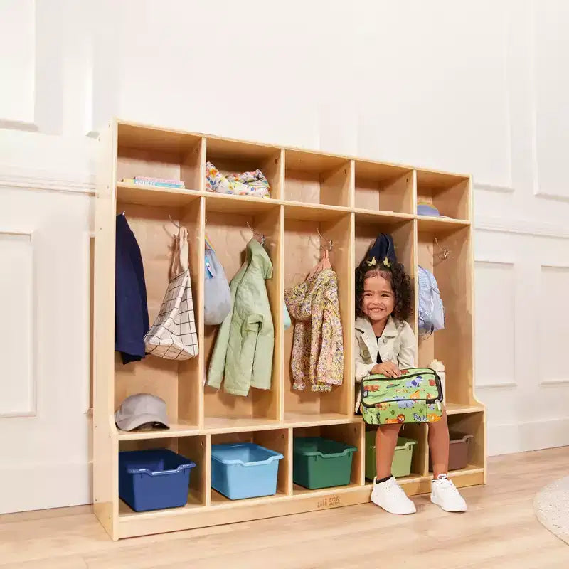 Armadietto appendiabiti a 5 sezioni con panca e contenitori a secchiello, colori assortiti/blu/trasparente/contemporaneo/toni della terra, per 5 bambini