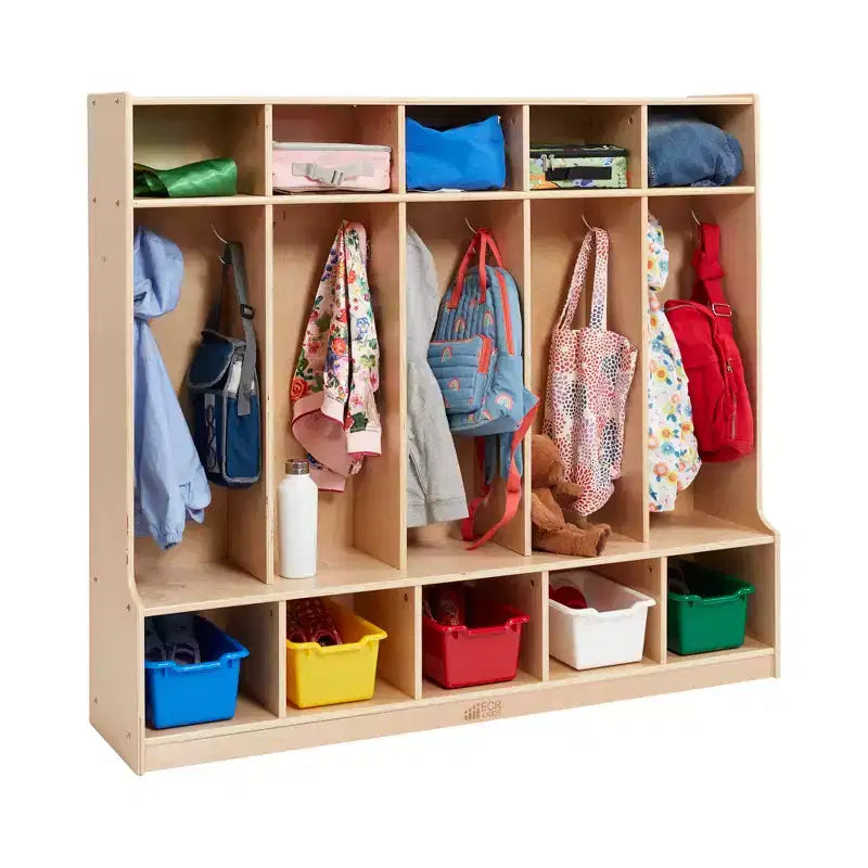 Armadietto appendiabiti a 5 sezioni con panca e contenitori a secchiello, colori assortiti/blu/trasparente/contemporaneo/toni della terra, per 5 bambini