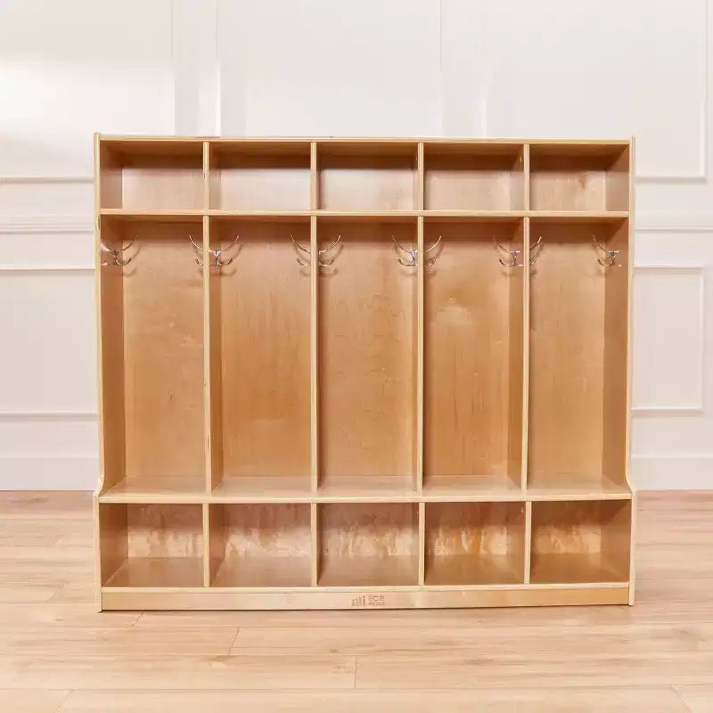 Armadietto appendiabiti a 5 sezioni con panca e contenitori a secchiello, colori assortiti/blu/trasparente/contemporaneo/toni della terra, per 5 bambini