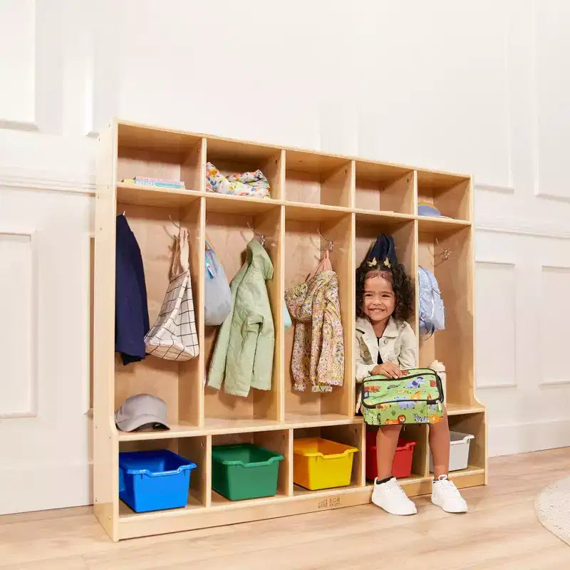 Armadietto appendiabiti a 5 sezioni con panca e contenitori a secchiello, colori assortiti/blu/trasparente/contemporaneo/toni della terra, per 5 bambini