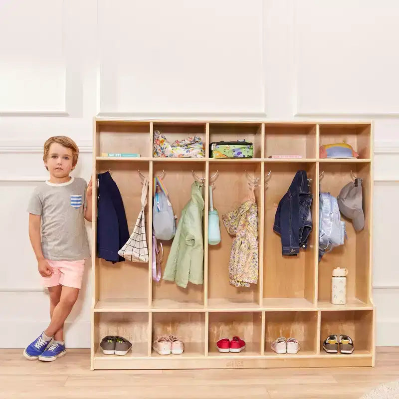 Armadietto appendiabiti a 5 sezioni con panca e contenitori a secchiello, colori assortiti/blu/trasparente/contemporaneo/toni della terra, per 5 bambini