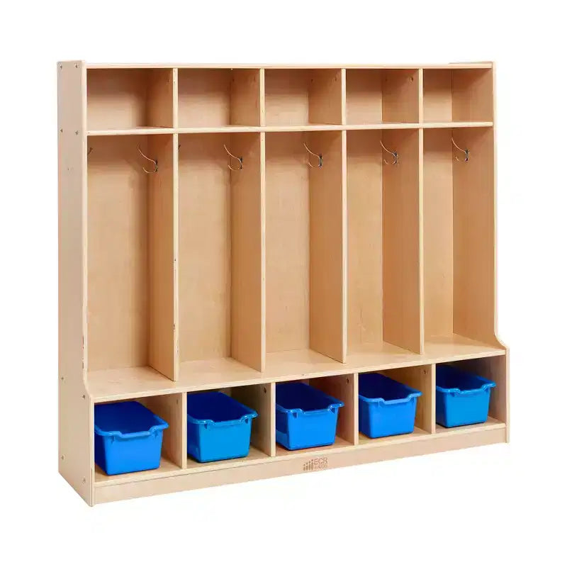 Armadietto appendiabiti a 5 sezioni con panca e contenitori a secchiello, colori assortiti/blu/trasparente/contemporaneo/toni della terra, per 5 bambini