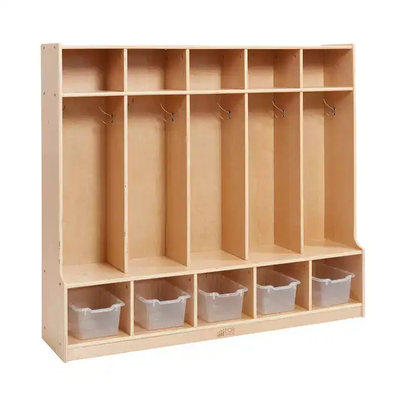 Armadietto appendiabiti a 5 sezioni con panca e contenitori a secchiello, colori assortiti/blu/trasparente/contemporaneo/toni della terra, per 5 bambini