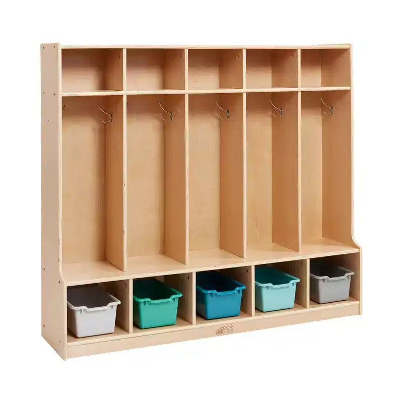 Armadietto appendiabiti a 5 sezioni con panca e contenitori a secchiello, colori assortiti/blu/trasparente/contemporaneo/toni della terra, per 5 bambini