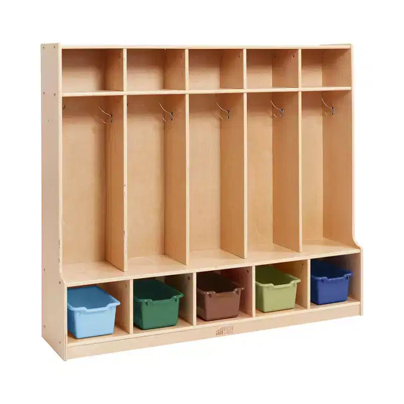 Armadietto appendiabiti a 5 sezioni con panca e contenitori a secchiello, colori assortiti/blu/trasparente/contemporaneo/toni della terra, per 5 bambini