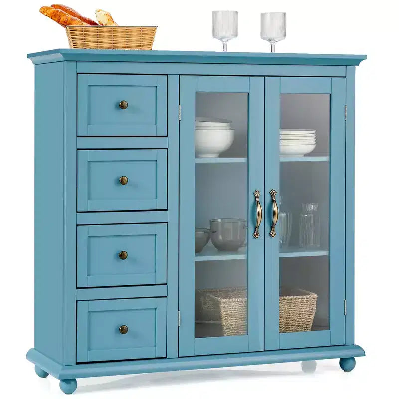 Madia/Credenza a Buffet Bianca/Blu/Verde con 4 Cassetti e 2 Ante – 1 Persona