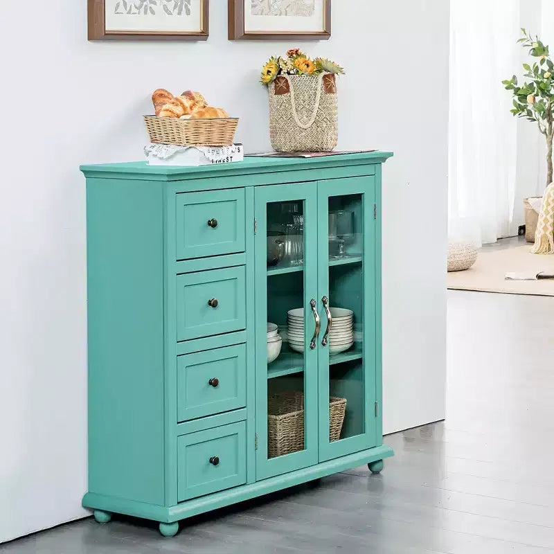 Madia/Credenza a Buffet Bianca/Blu/Verde con 4 Cassetti e 2 Ante – 1 Persona