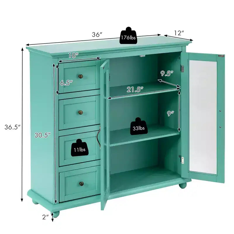 Madia/Credenza a Buffet Bianca/Blu/Verde con 4 Cassetti e 2 Ante – 1 Persona