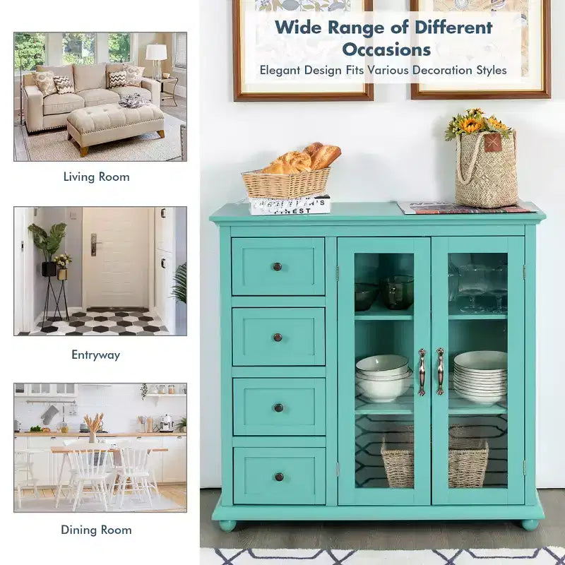 Madia/Credenza a Buffet Bianca/Blu/Verde con 4 Cassetti e 2 Ante – 1 Persona