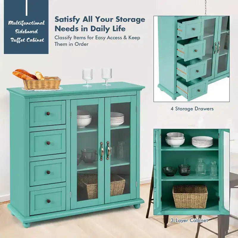 Madia/Credenza a Buffet Bianca/Blu/Verde con 4 Cassetti e 2 Ante – 1 Persona