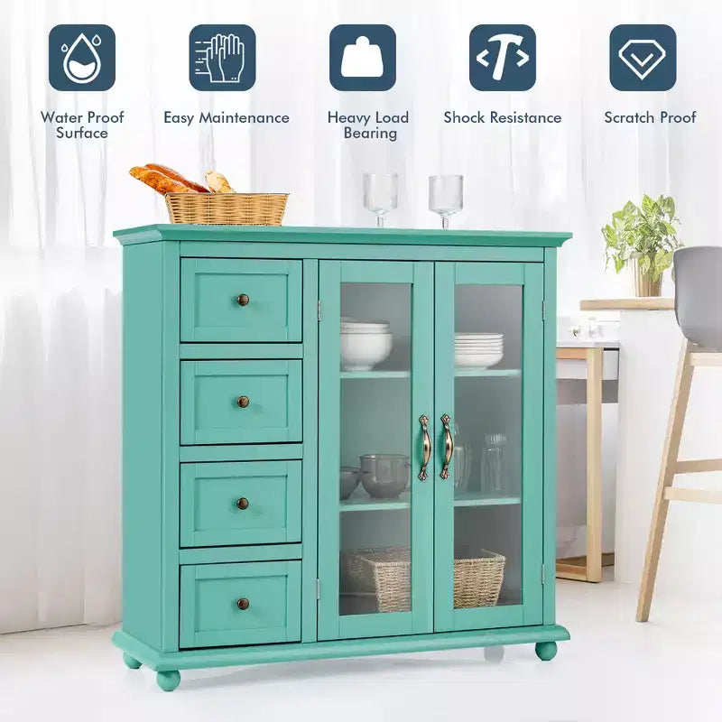 Madia/Credenza a Buffet Bianca/Blu/Verde con 4 Cassetti e 2 Ante – 1 Persona