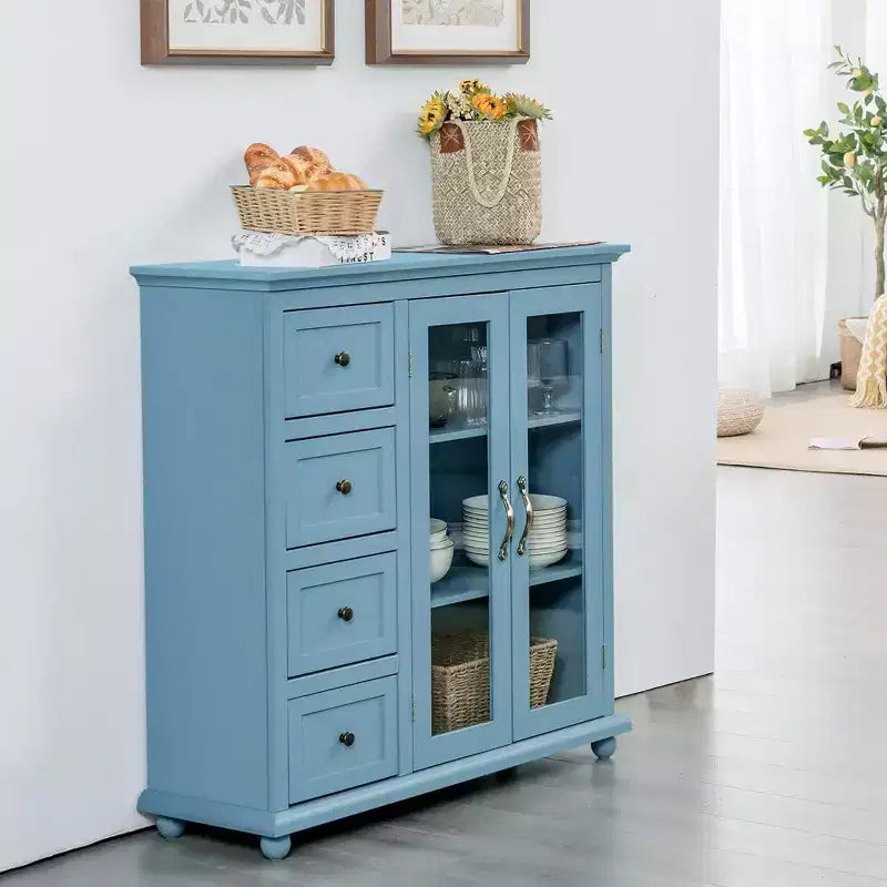 Madia/Credenza a Buffet Bianca/Blu/Verde con 4 Cassetti e 2 Ante – 1 Persona