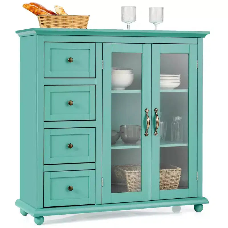 Madia/Credenza a Buffet Bianca/Blu/Verde con 4 Cassetti e 2 Ante – 1 Persona
