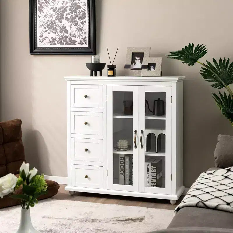 Madia/Credenza a Buffet Bianca/Blu/Verde con 4 Cassetti e 2 Ante – 1 Persona