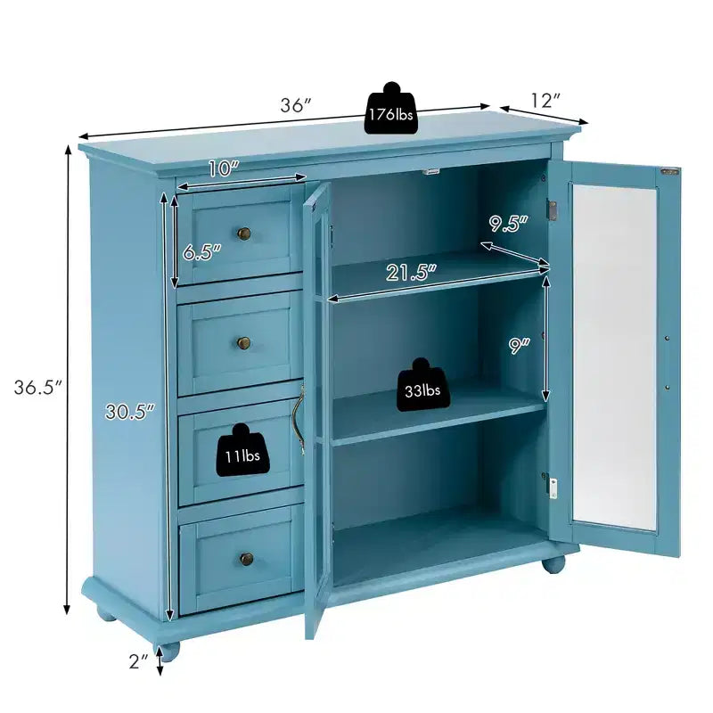 Madia/Credenza a Buffet Bianca/Blu/Verde con 4 Cassetti e 2 Ante – 1 Persona