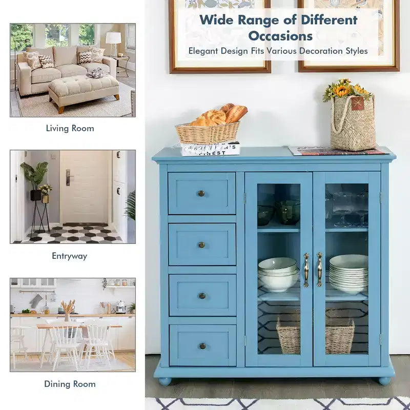 Madia/Credenza a Buffet Bianca/Blu/Verde con 4 Cassetti e 2 Ante – 1 Persona