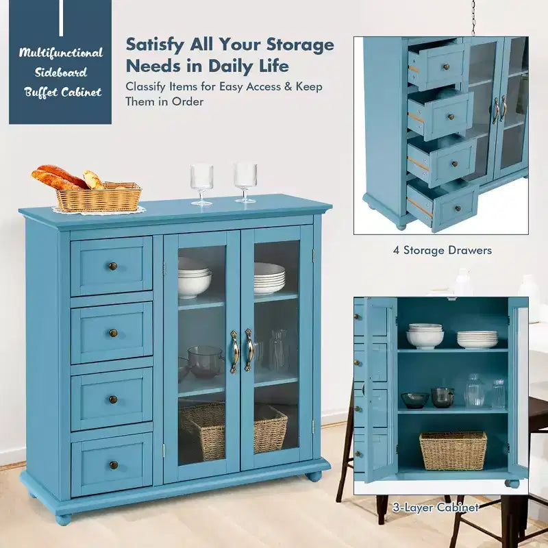 Madia/Credenza a Buffet Bianca/Blu/Verde con 4 Cassetti e 2 Ante – 1 Persona