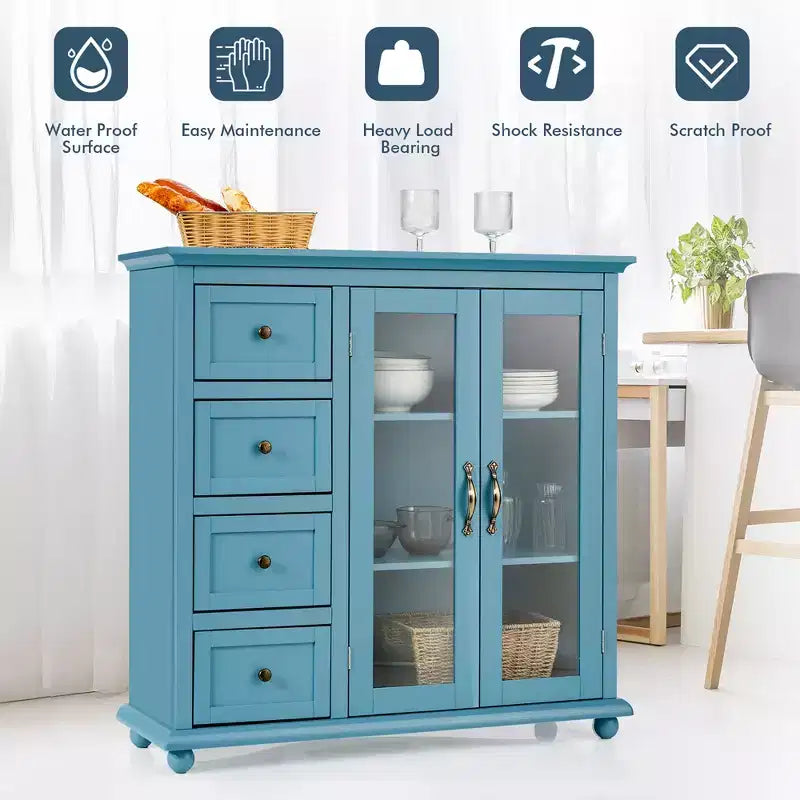 Madia/Credenza a Buffet Bianca/Blu/Verde con 4 Cassetti e 2 Ante – 1 Persona