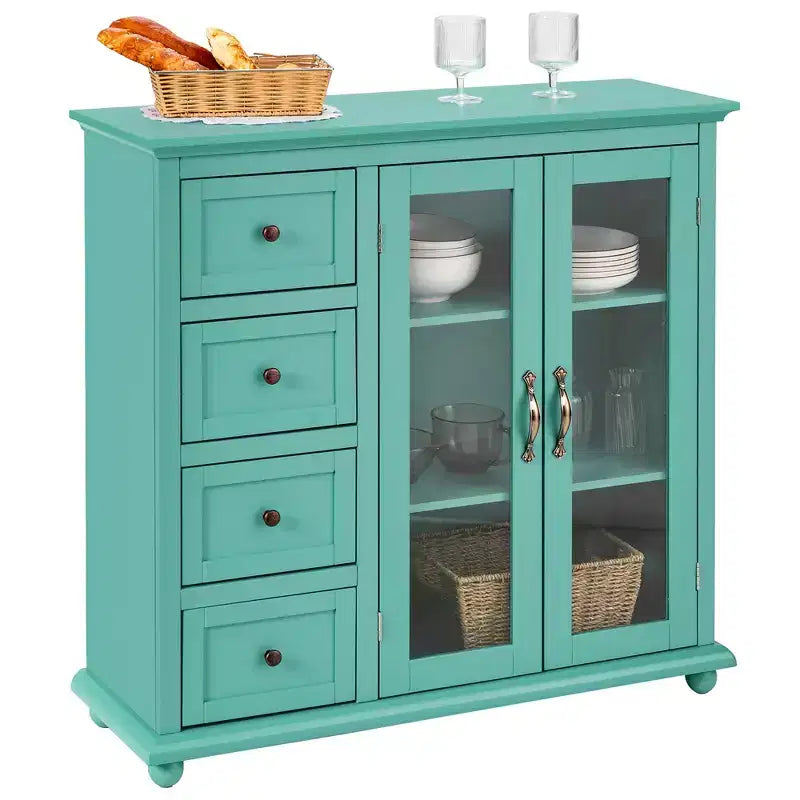 Madia/Credenza a Buffet Bianca/Blu/Verde con 4 Cassetti e 2 Ante – 1 Persona