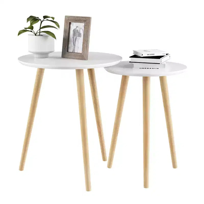 Hasting Home Set di 2 Tavolini Nido, Tavolini Rotondi per Soggiorno o Camera da Letto, Mobili Soggiorno Moderni di Metà Secolo, Bianco/Naturale
