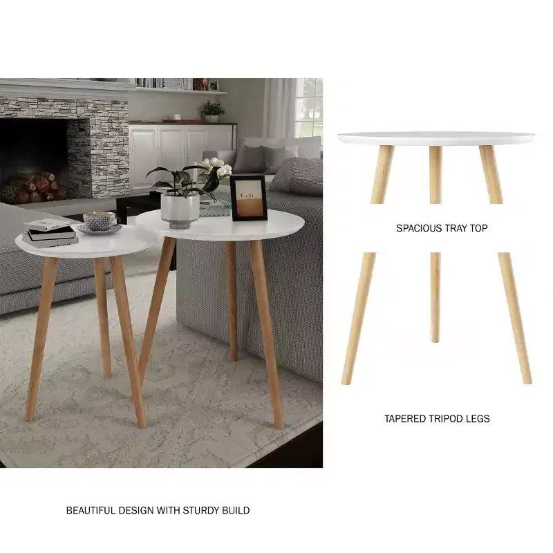 Hasting Home Set di 2 Tavolini Nido, Tavolini Rotondi per Soggiorno o Camera da Letto, Mobili Soggiorno Moderni di Metà Secolo, Bianco/Naturale
