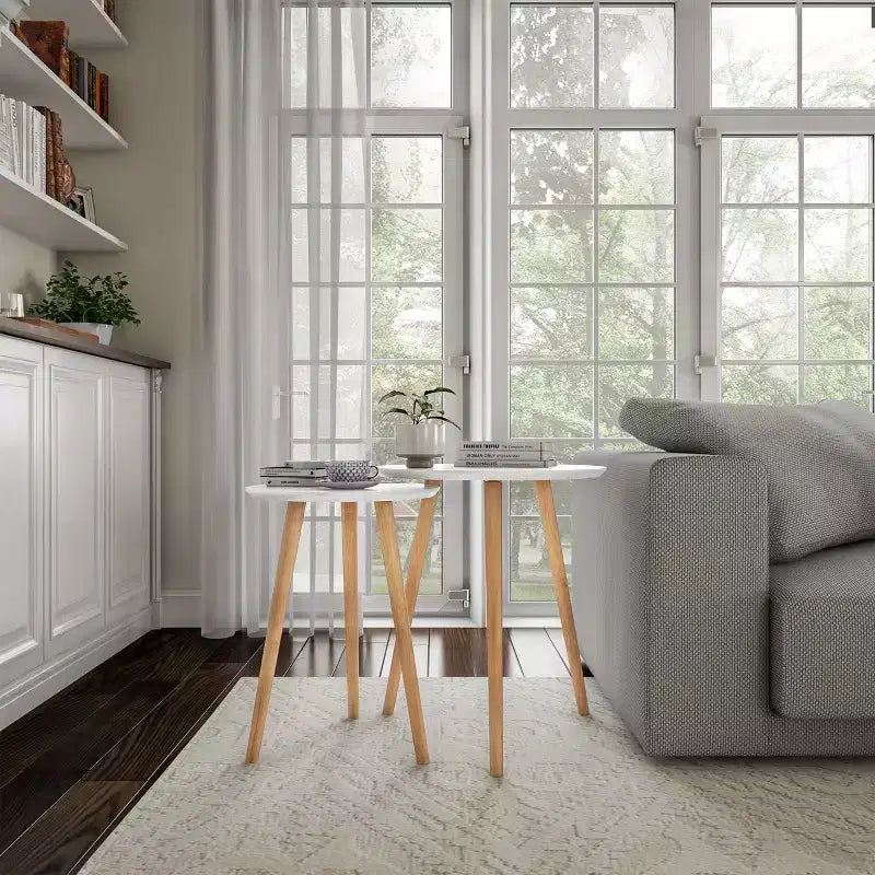 Hasting Home Set di 2 Tavolini Nido, Tavolini Rotondi per Soggiorno o Camera da Letto, Mobili Soggiorno Moderni di Metà Secolo, Bianco/Naturale