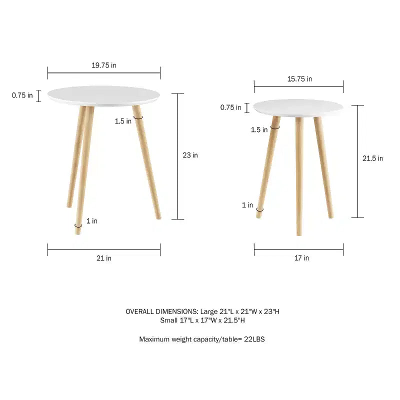 Hasting Home Set di 2 Tavolini Nido, Tavolini Rotondi per Soggiorno o Camera da Letto, Mobili Soggiorno Moderni di Metà Secolo, Bianco/Naturale
