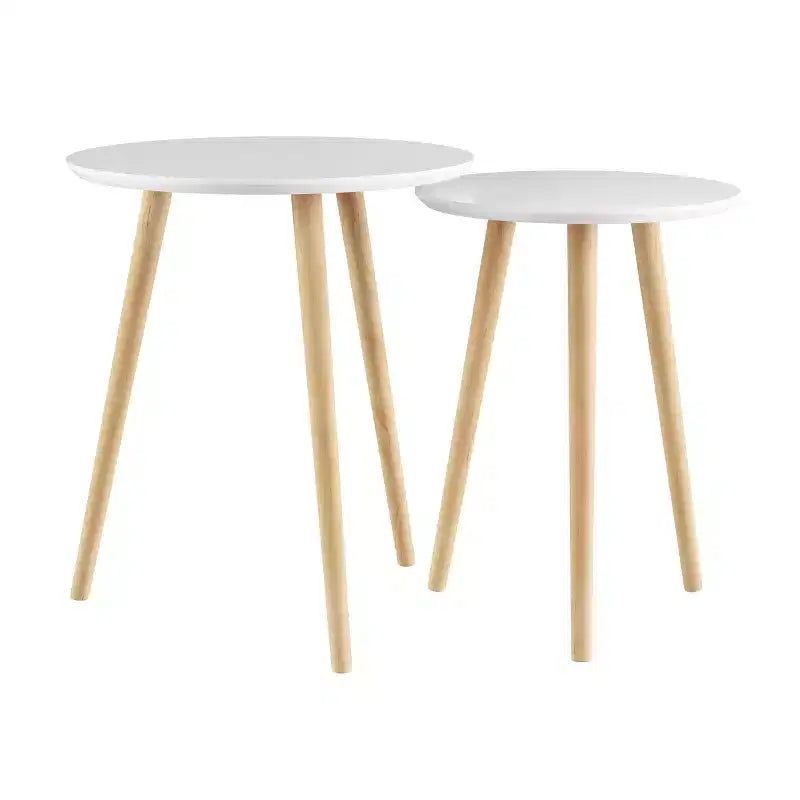 Hasting Home Set di 2 Tavolini Nido, Tavolini Rotondi per Soggiorno o Camera da Letto, Mobili Soggiorno Moderni di Metà Secolo, Bianco/Naturale