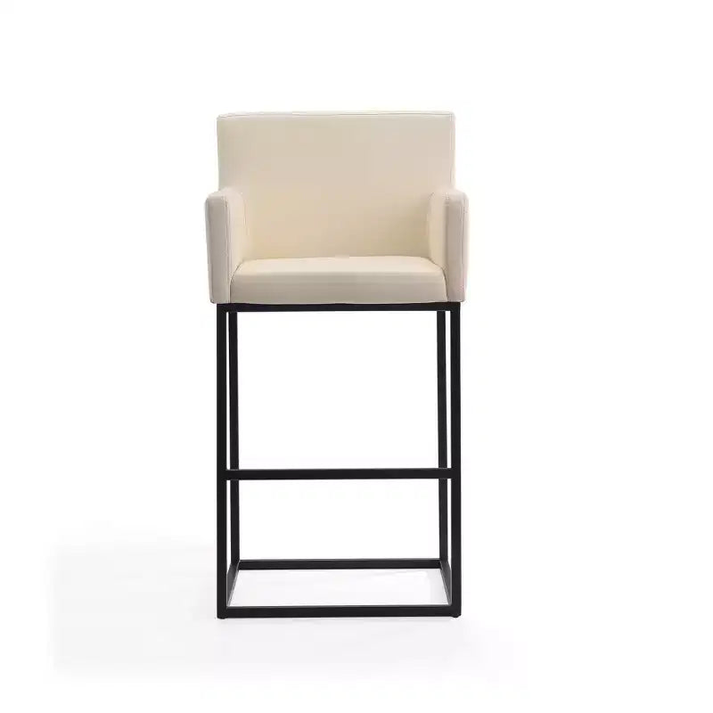 Sgabello da bar imbottito in ecopelle crema/grigio con braccioli, altezza fissa, 1 posto