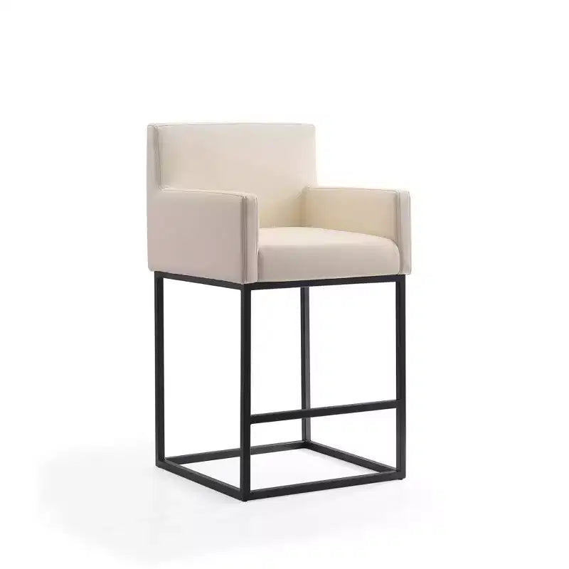 Sgabello da bar imbottito in ecopelle crema/grigio con braccioli, altezza fissa, 1 posto