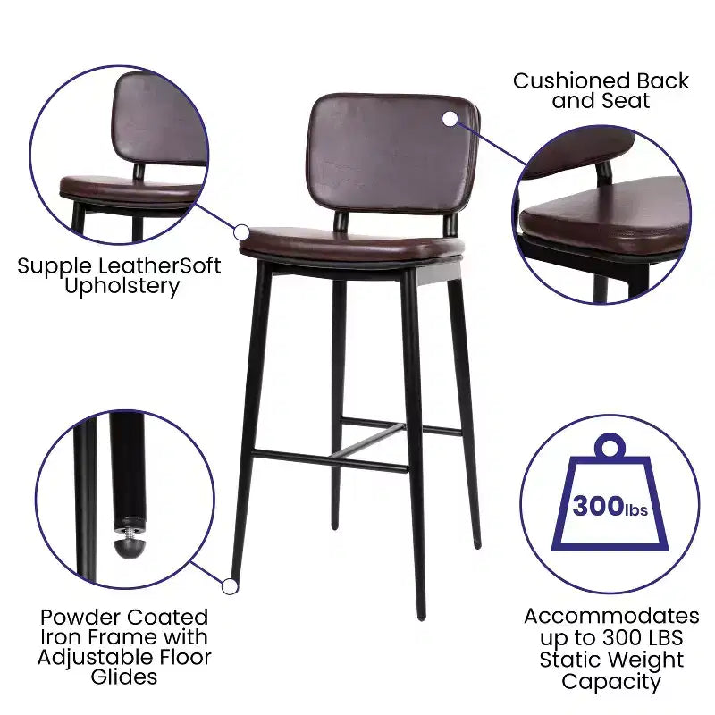 Sgabelli Flash Furniture Kenzie di Grado Commerciale a Schienale Medio - Rivestimento in LeatherSoft - Telaio in Ferro con Poggiapiedi Integrato - Set da 2