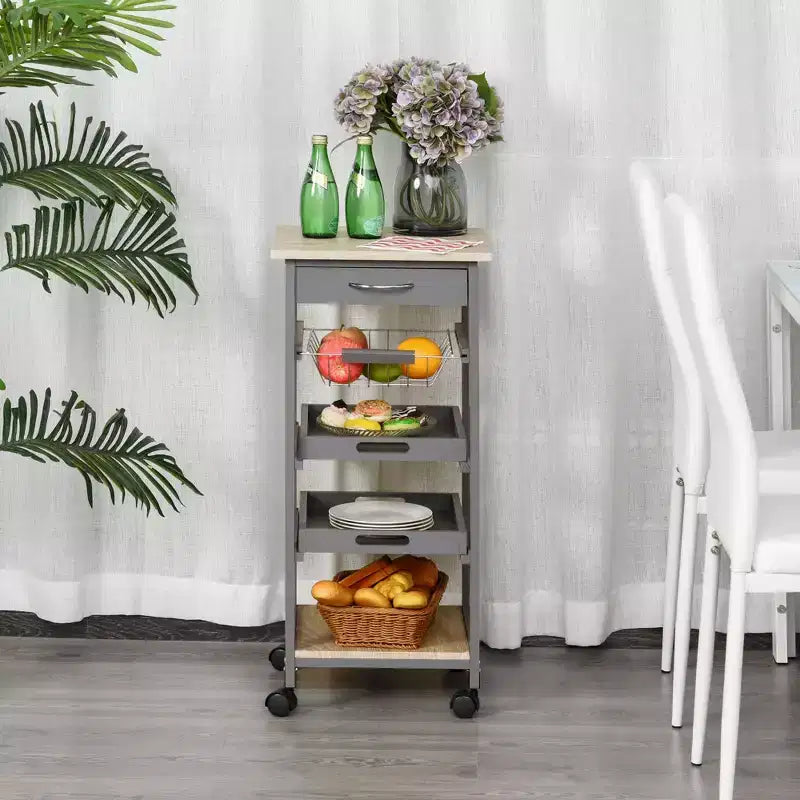 Carrello da Cucina HOMCOM con Ruote e Cassetto, Carrellino Salvaspazio con Cesto Estraibile