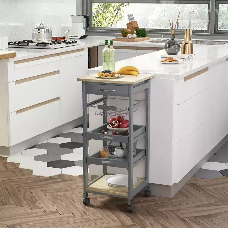 Carrello da Cucina HOMCOM con Ruote e Cassetto, Carrellino Salvaspazio con Cesto Estraibile
