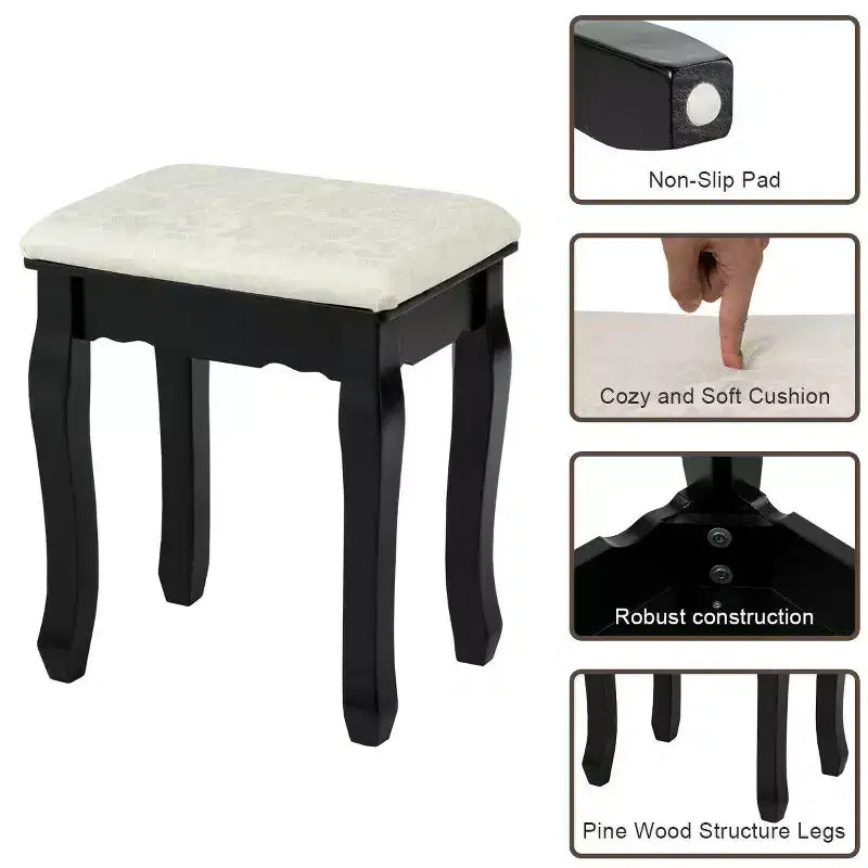 Set Comodino da Trucco Nero con Luci LED e Specchio, 3 Cassetti, 1 Persona