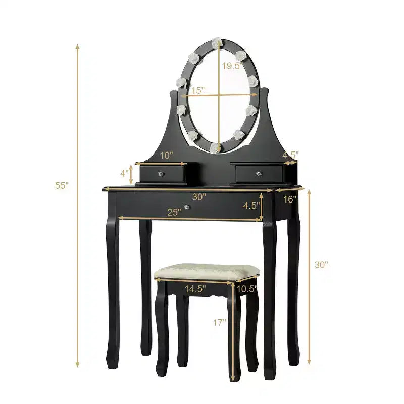 Set Comodino da Trucco Nero con Luci LED e Specchio, 3 Cassetti, 1 Persona