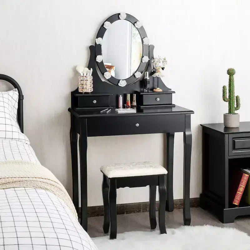 Set Comodino da Trucco Nero con Luci LED e Specchio, 3 Cassetti, 1 Persona
