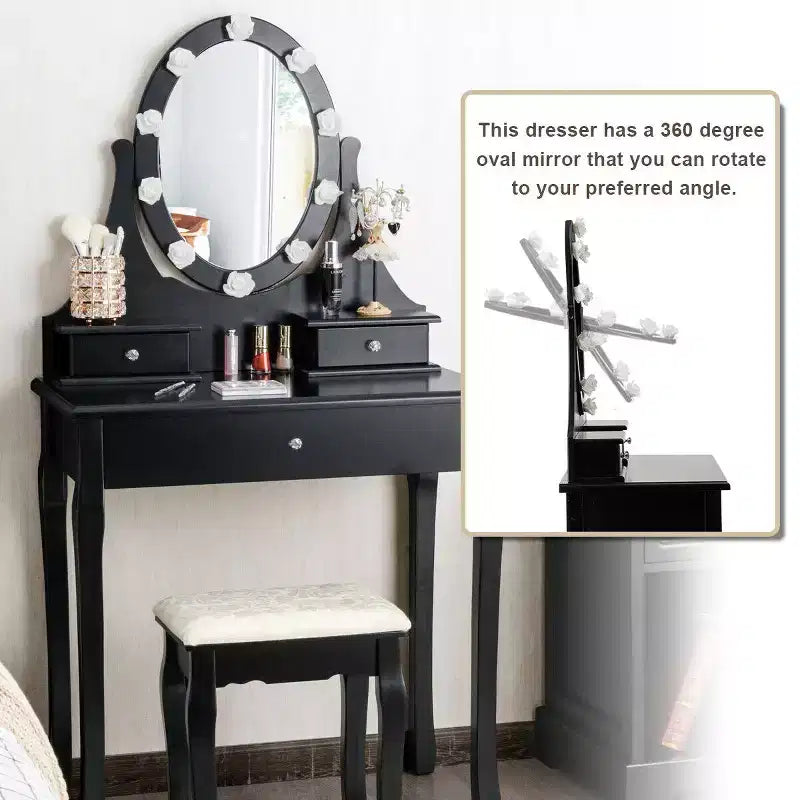 Set Comodino da Trucco Nero con Luci LED e Specchio, 3 Cassetti, 1 Persona